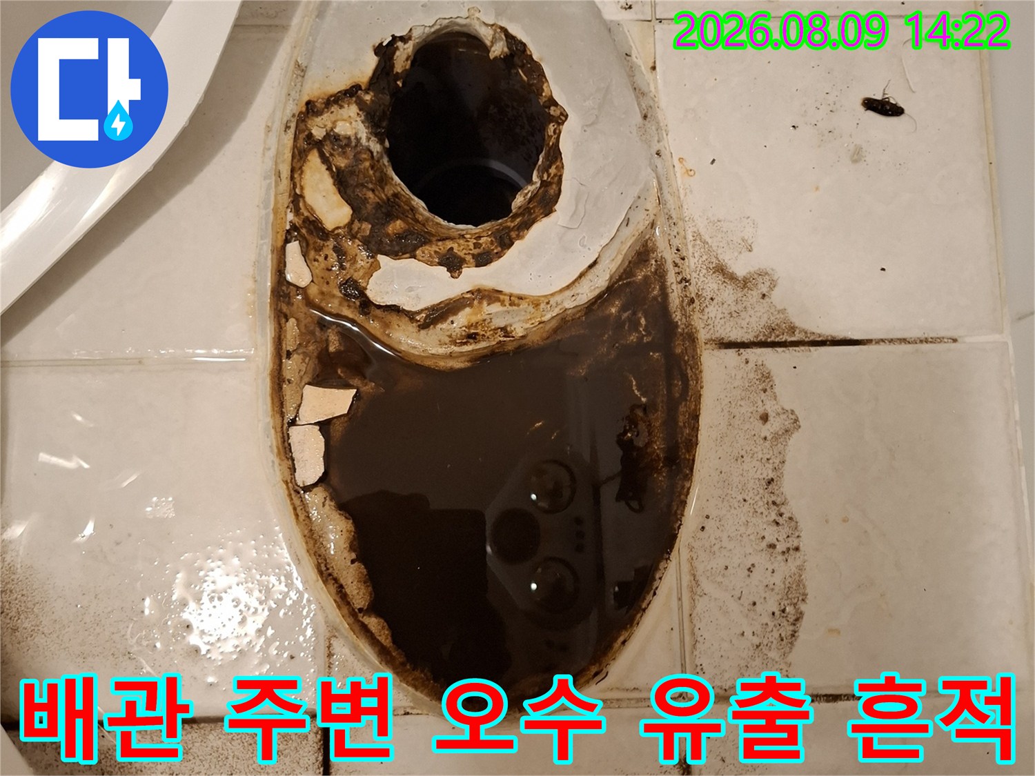 양변기 배관 주위-오수가 흘러나와 타일을 오염시킨 모습