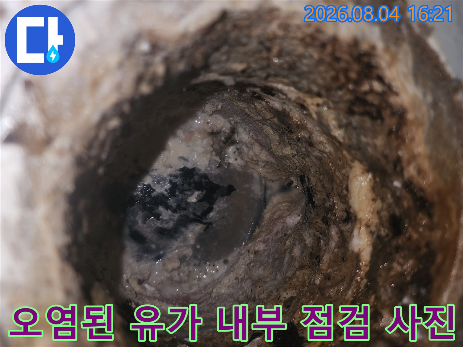 배수구 주변 오염과 변색을 동반한 누수 의심 부위 상세 촬영