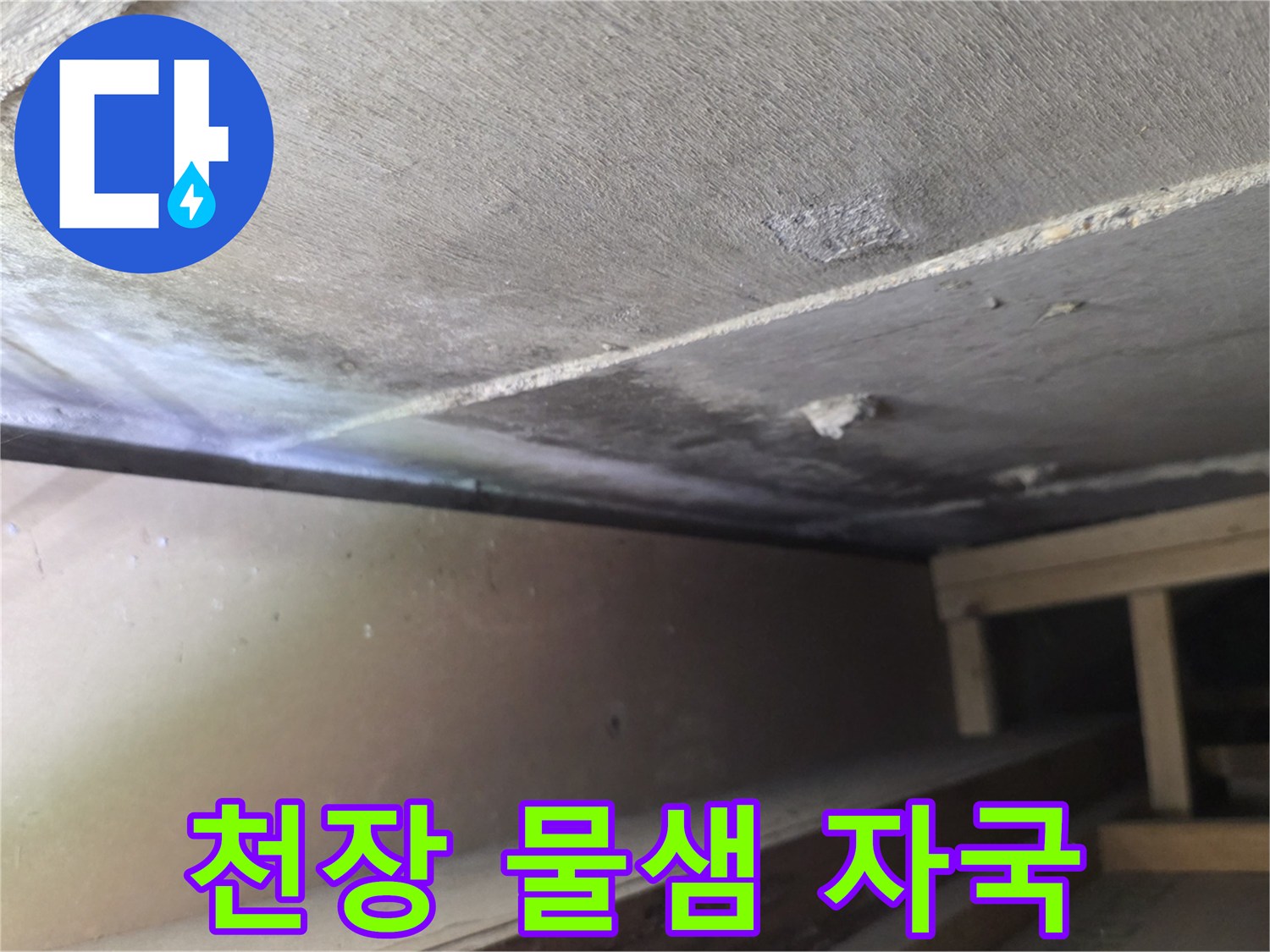 물에 젖어 변색된 천장 슬래브 구조물 부위