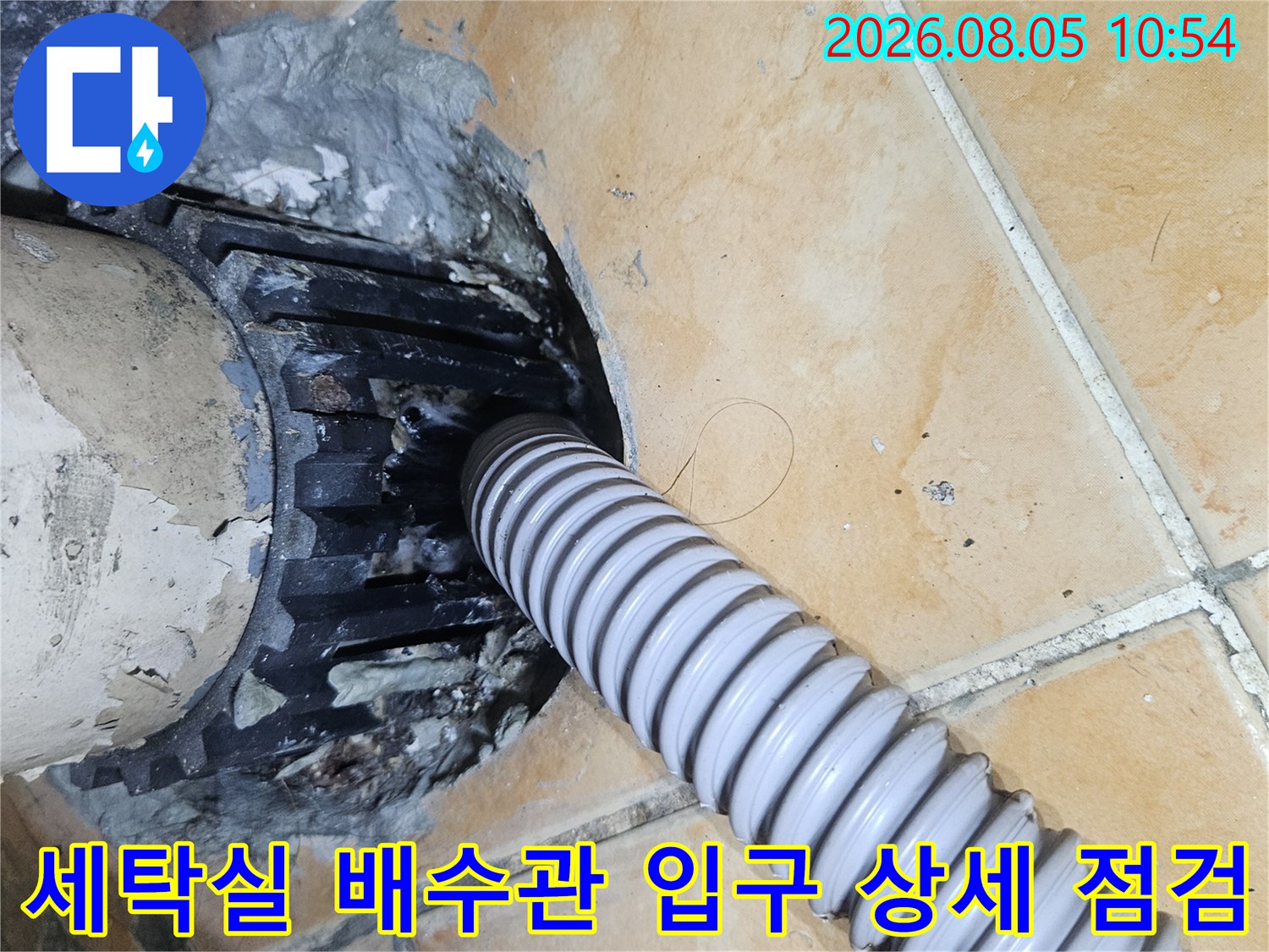 배출용 유가와 세탁 호스 접촉면의 누수 여부 확인을 위한 근접 촬영
