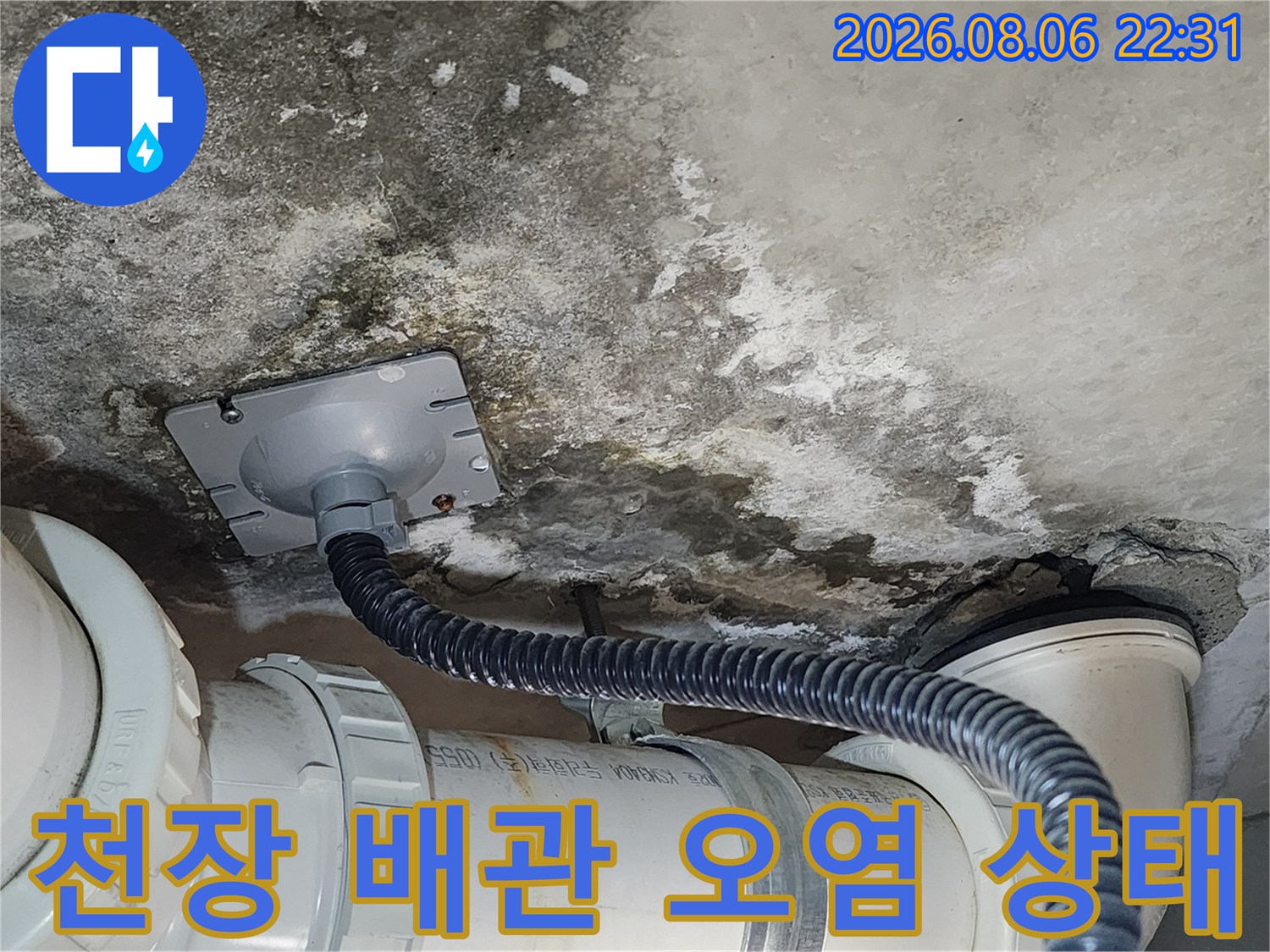 축축하게 젖은 천장 콘크리트와 자바라 배관의 연결 부위 상세 촬영