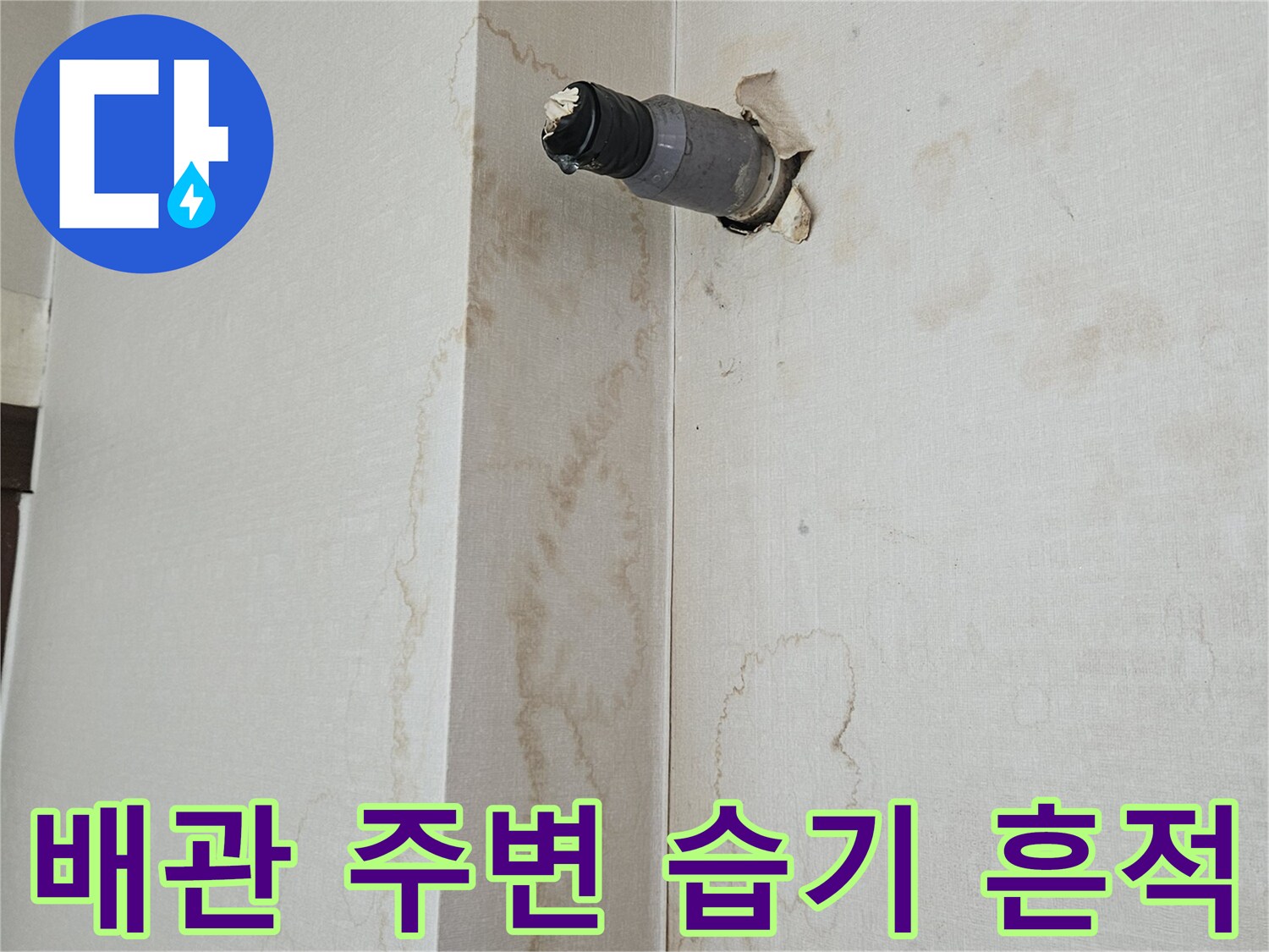 천장 내부 노출 배관 주위의 변색된 얼룩 부위