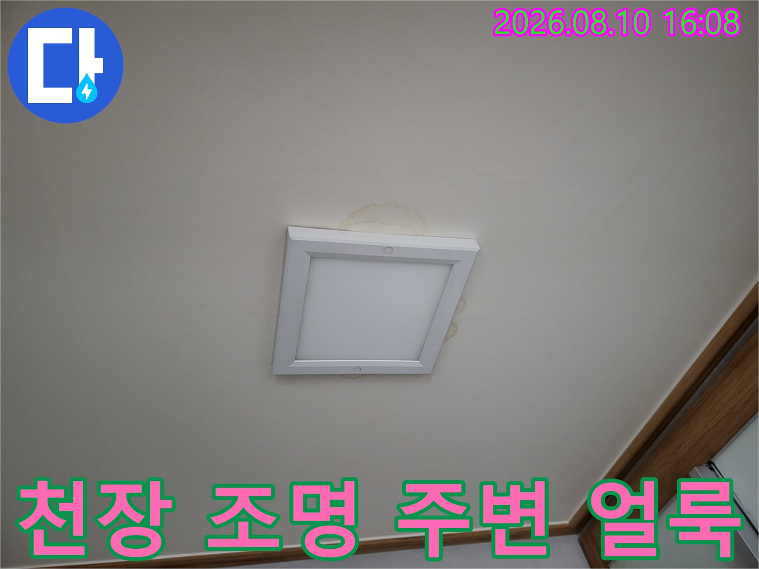 용인 기흥구 아파트 천장 조명 주변에 발생한 누수 흔적과 변색된 물자국