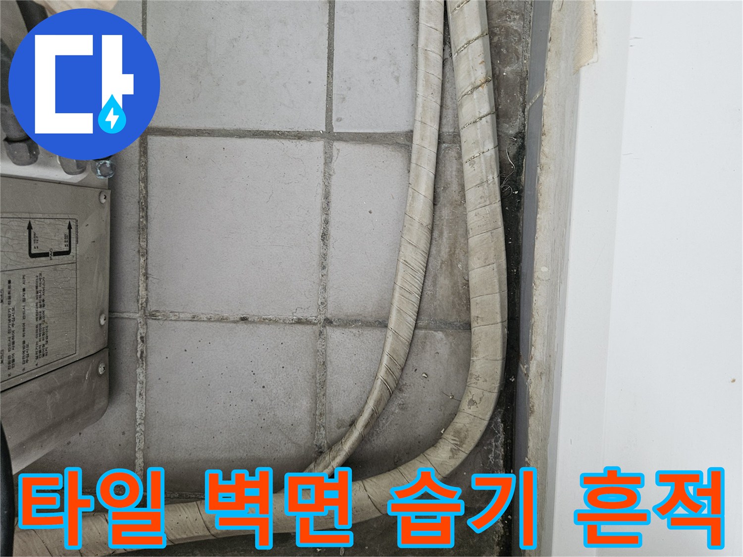분당 정자동 현장의 우수관 배관과 젖어 있는 타일 벽면 모습