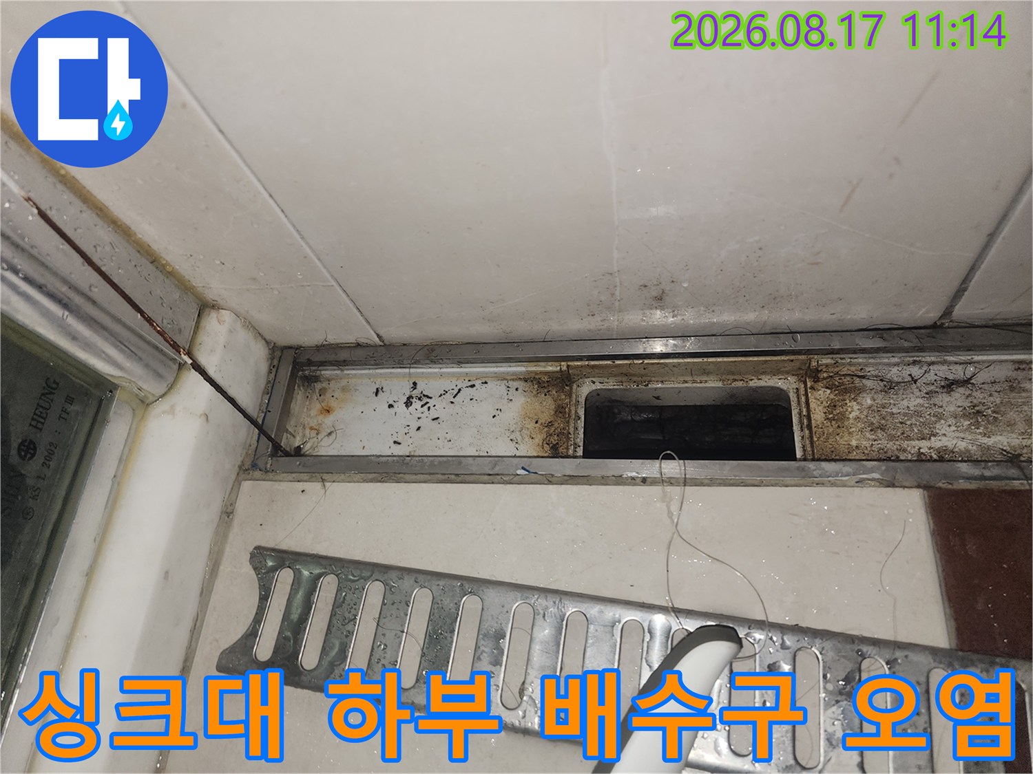 누수로 인해 곰팡이가 발생하고 변색된 싱크대 내부 모습