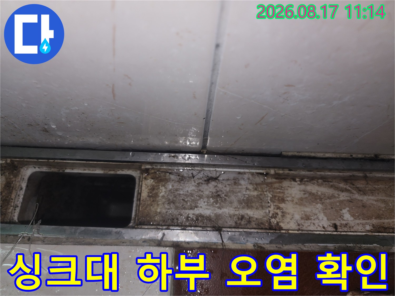 영등le포구 여의도동 아파트-싱크대 하부 배관 주변의 습기와 오염 상태를 촬영한 사진입니다.