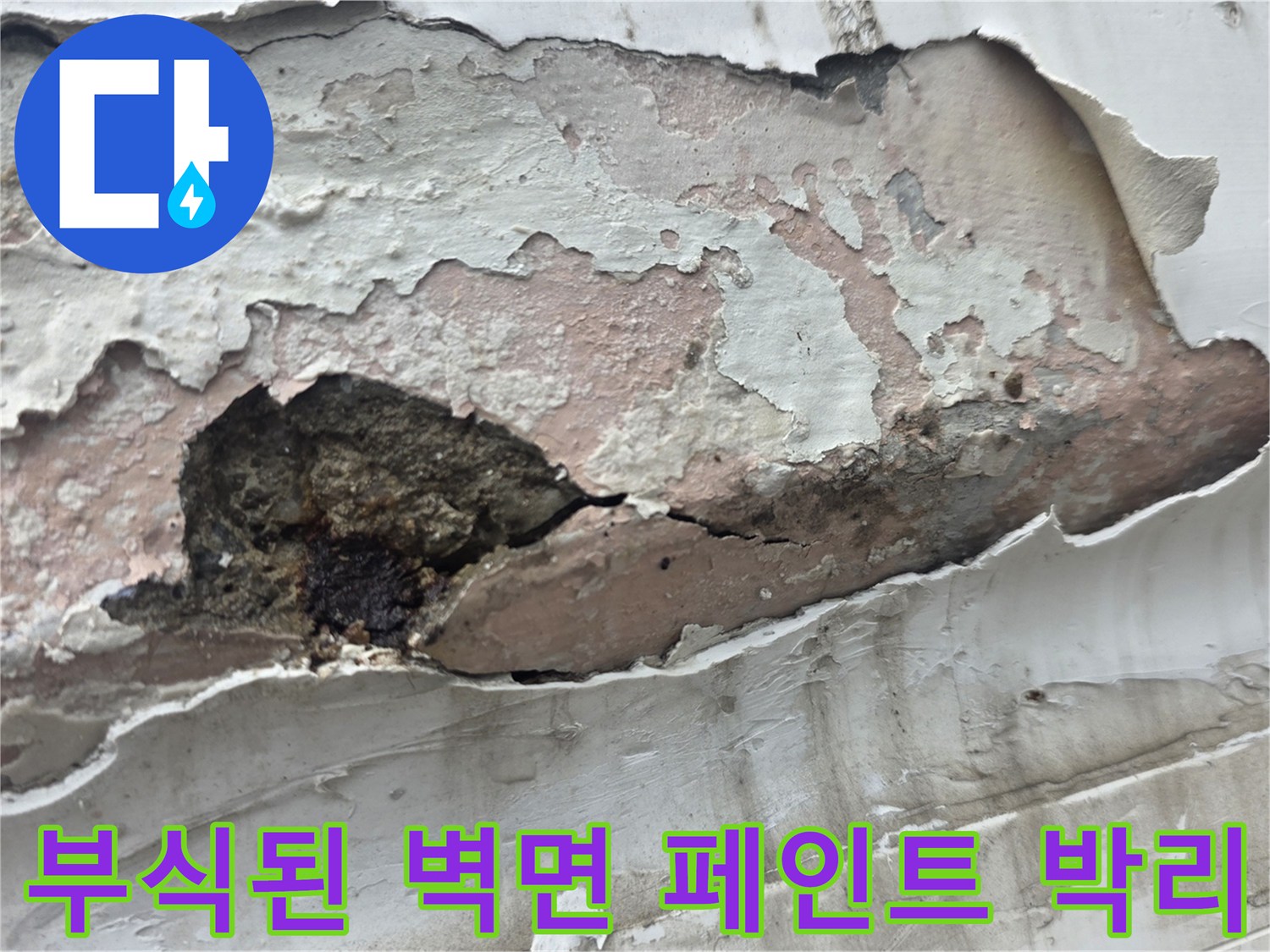 페인트가 껍질처럼 벗겨지고 콘크리트층이 드러난 내부 벽면 부식 상태