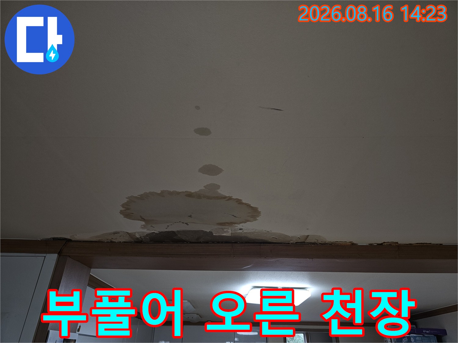 누수로 인해 층이 분리되고 부풀어 오른 천장 마감재