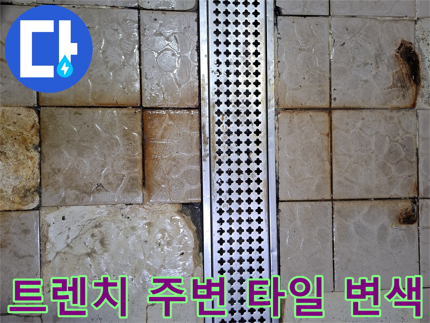 상암동 식당 주방-배수구 트렌치 주변의 젖은 타일과 오염 상태