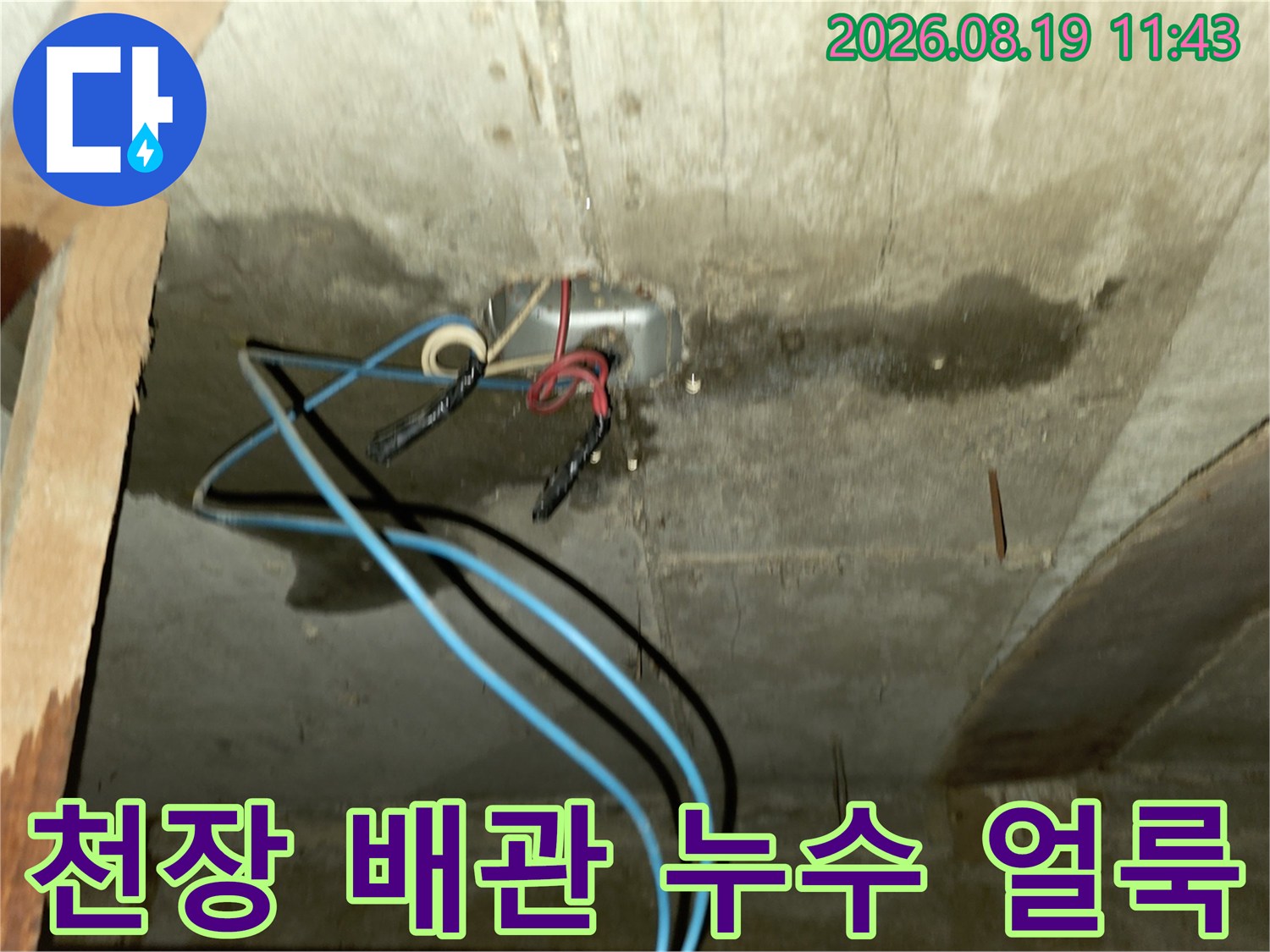 욕실 천장 콘크리트 배관 주변의 누수 흔적과 습기 침투 현상