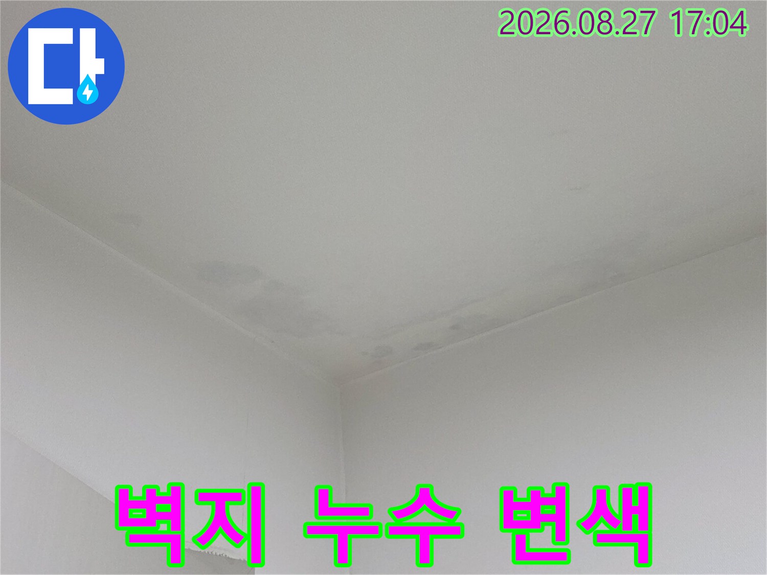 천장 모서리 벽지가 물에 젖어 어둡게 변한 모습입니다.