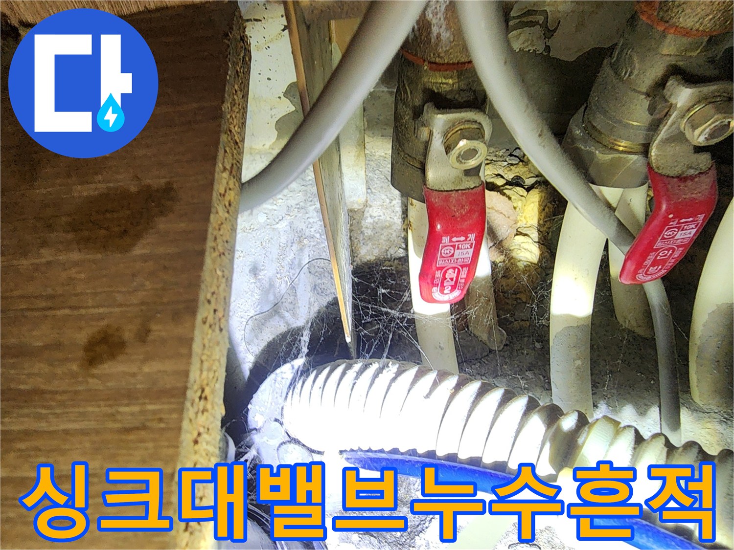 싱크대 아래쪽 배관 연결 부위의 오염된 모습과 습기 상태입니다.