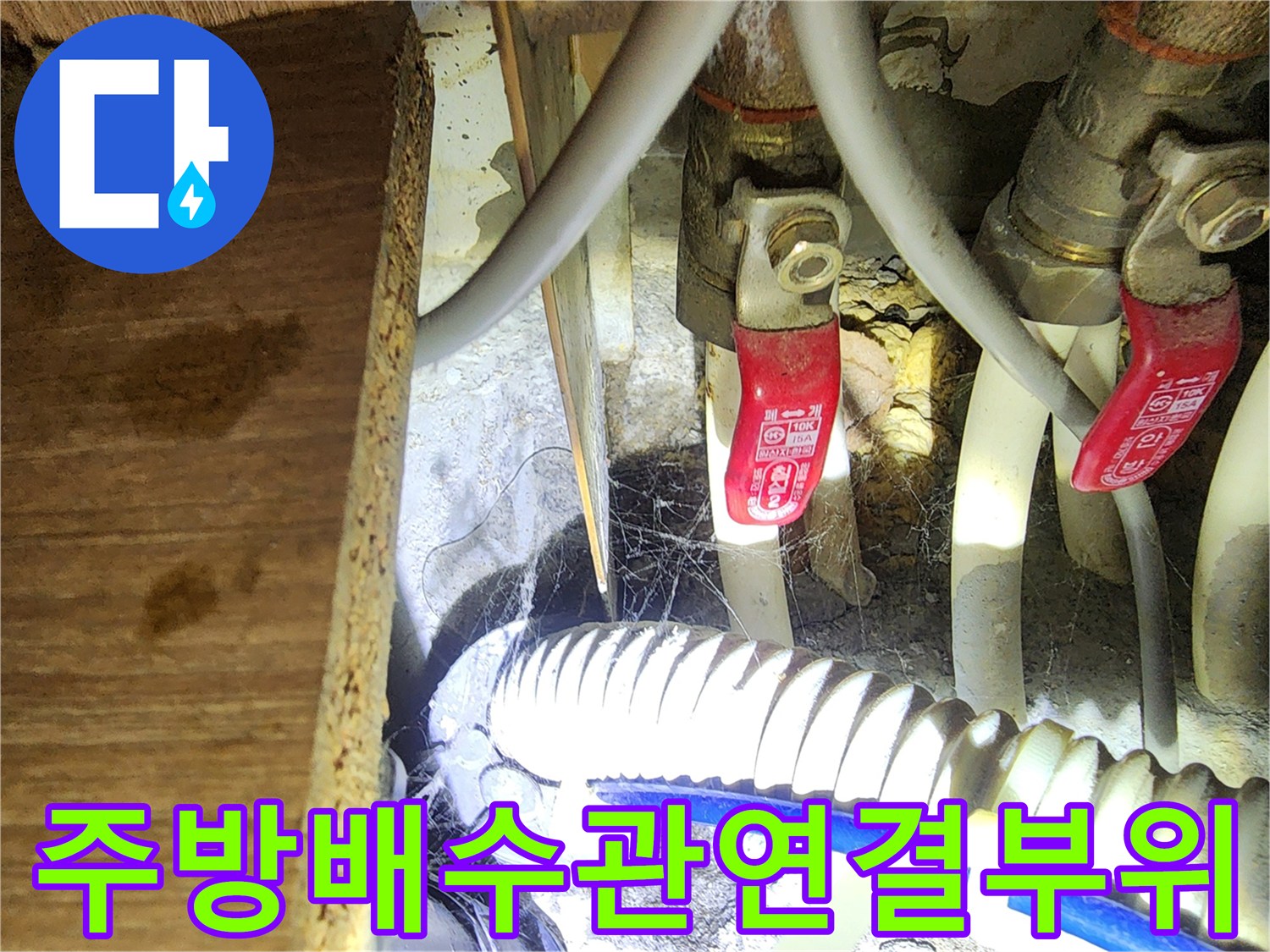 싱크대 하부 배수 호스 및 수도 밸브의 오염된 모습