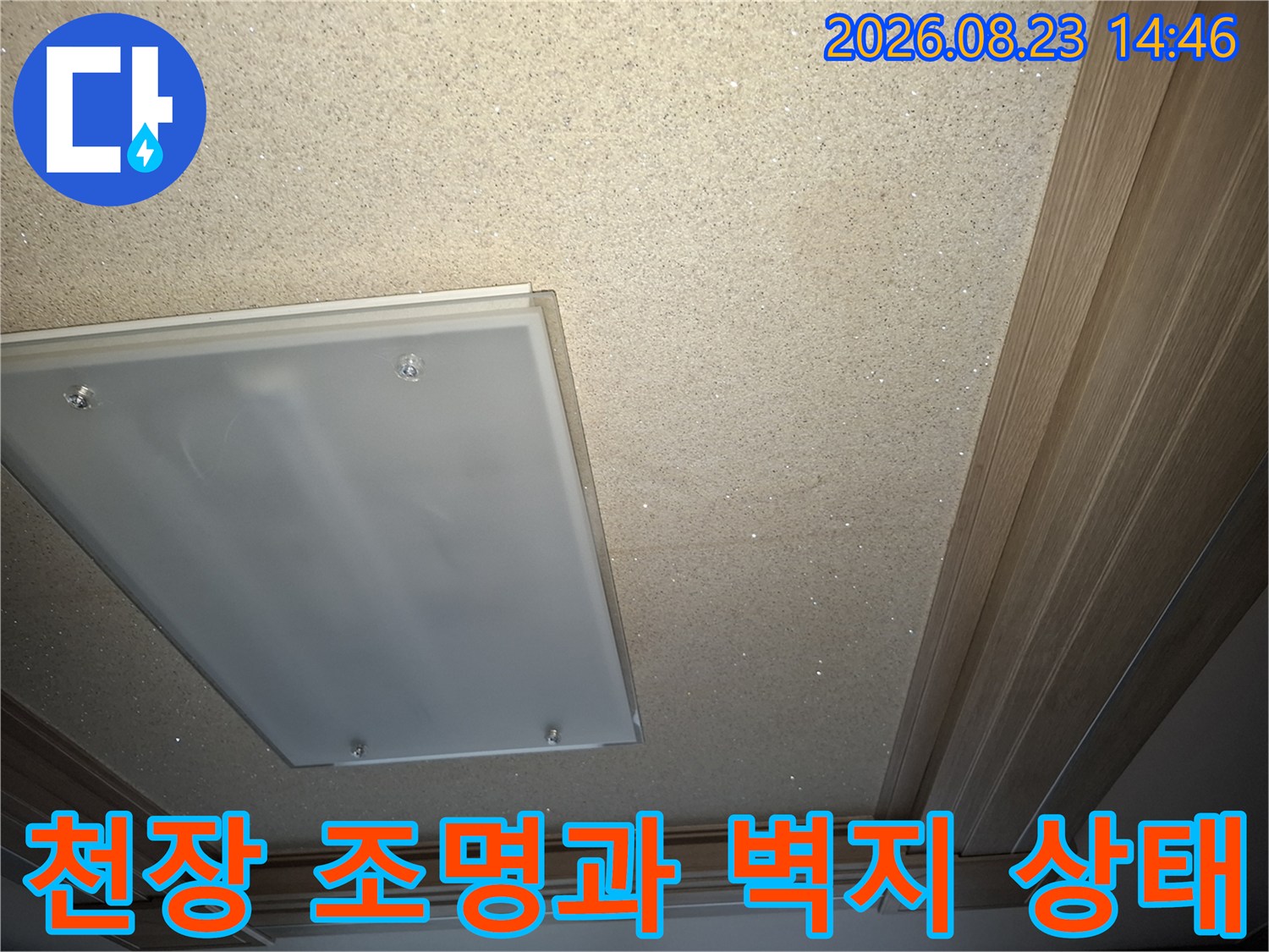 거실-천장-조명-주변의-패턴-벽지와-몰딩-상태