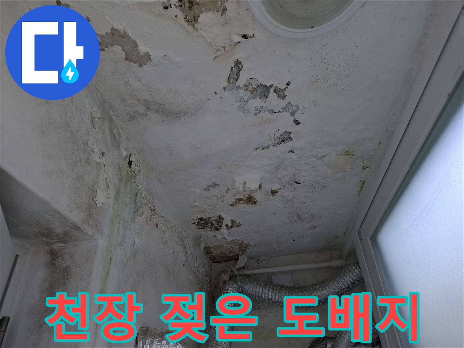 물에 젖어 부풀고 얼룩진 주방 천장 마감재 모습