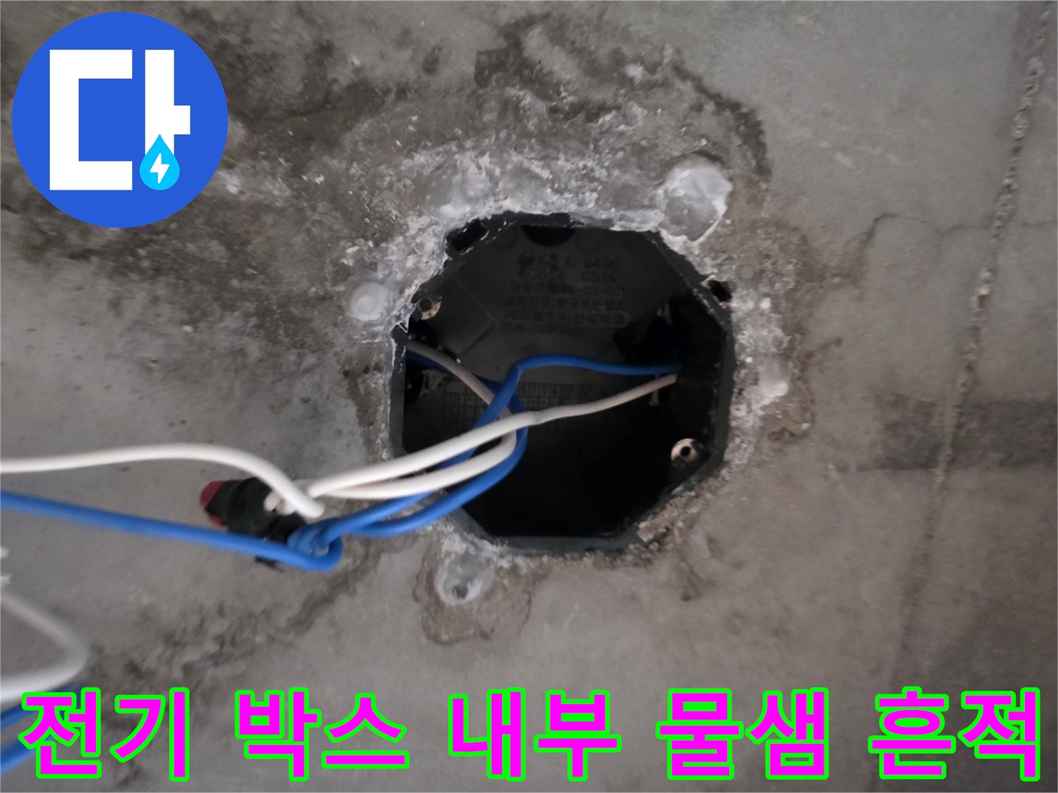 의정부 현장-물기에 젖은 천장 매립 배선함과 오염된 마감재