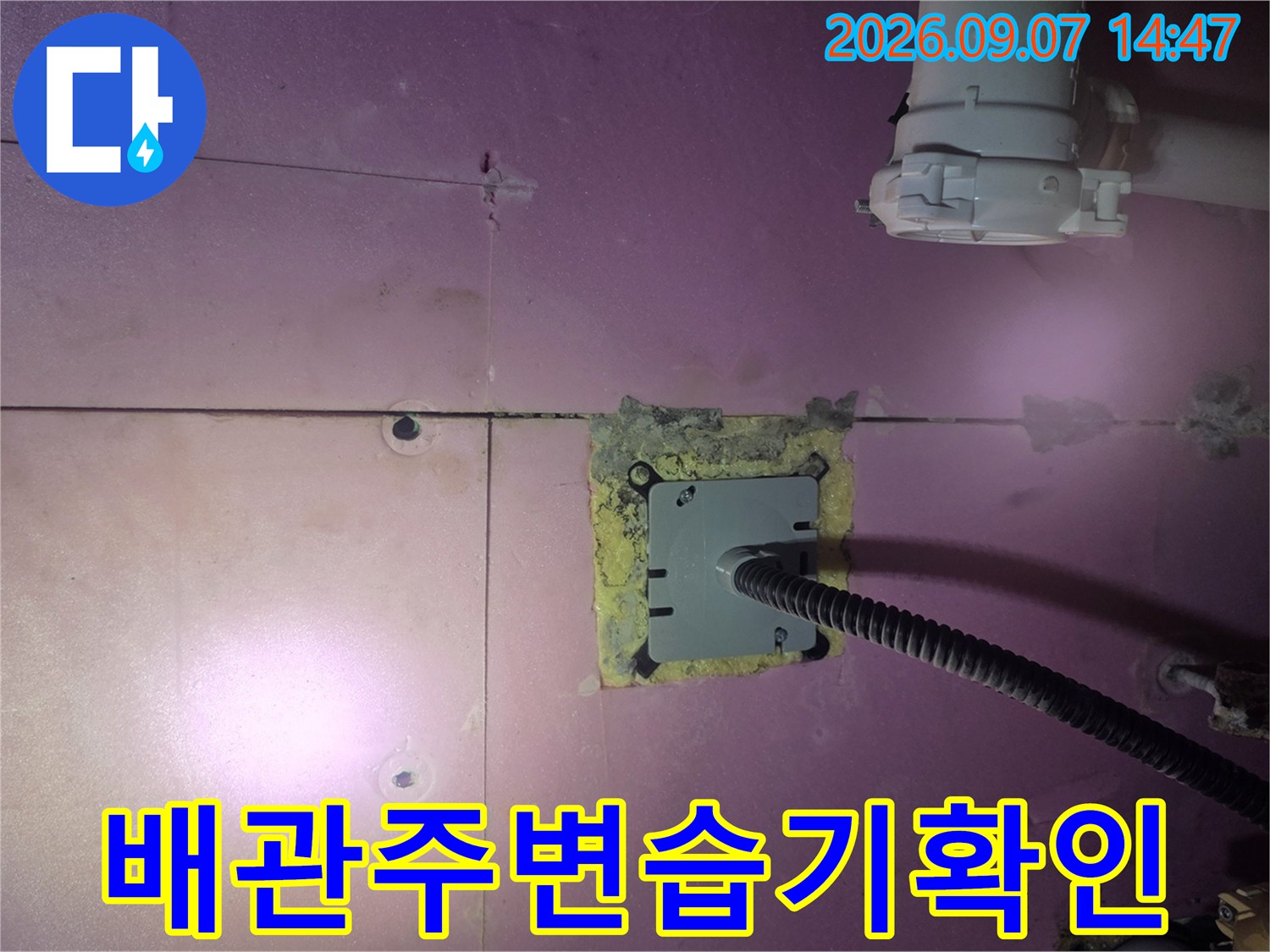 점검구 내부의 배관과 벽면 연결 부위 근접 사진