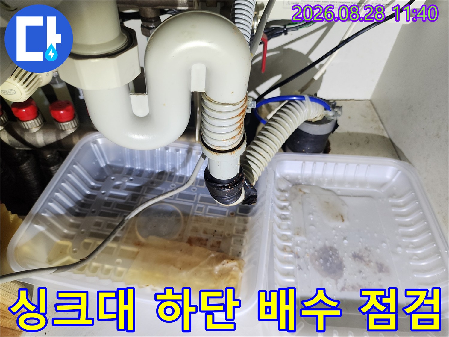 싱크대 하부의 굴곡진 배관과 물이 고인 플라스틱 대야를 촬영한 사진입니다.