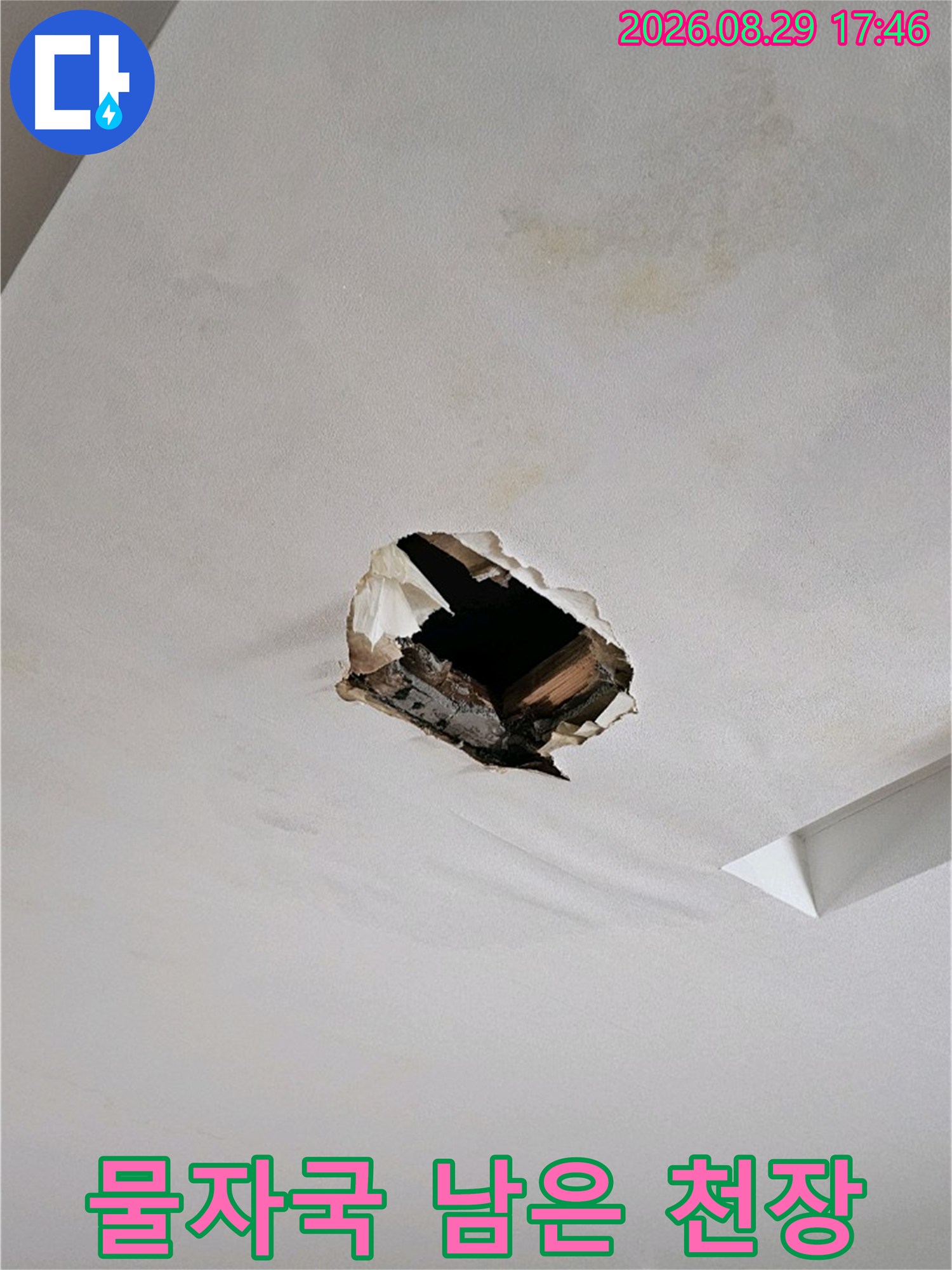 천장 마감재 주변에 넓게 퍼진 물자국과 파손된 구멍을 보여줍니다.