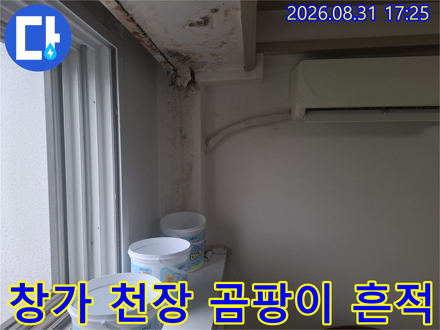 마포구 아현동 거실 창가 천장과 벽면에 발생한 물 얼룩 및 곰팡이 상태