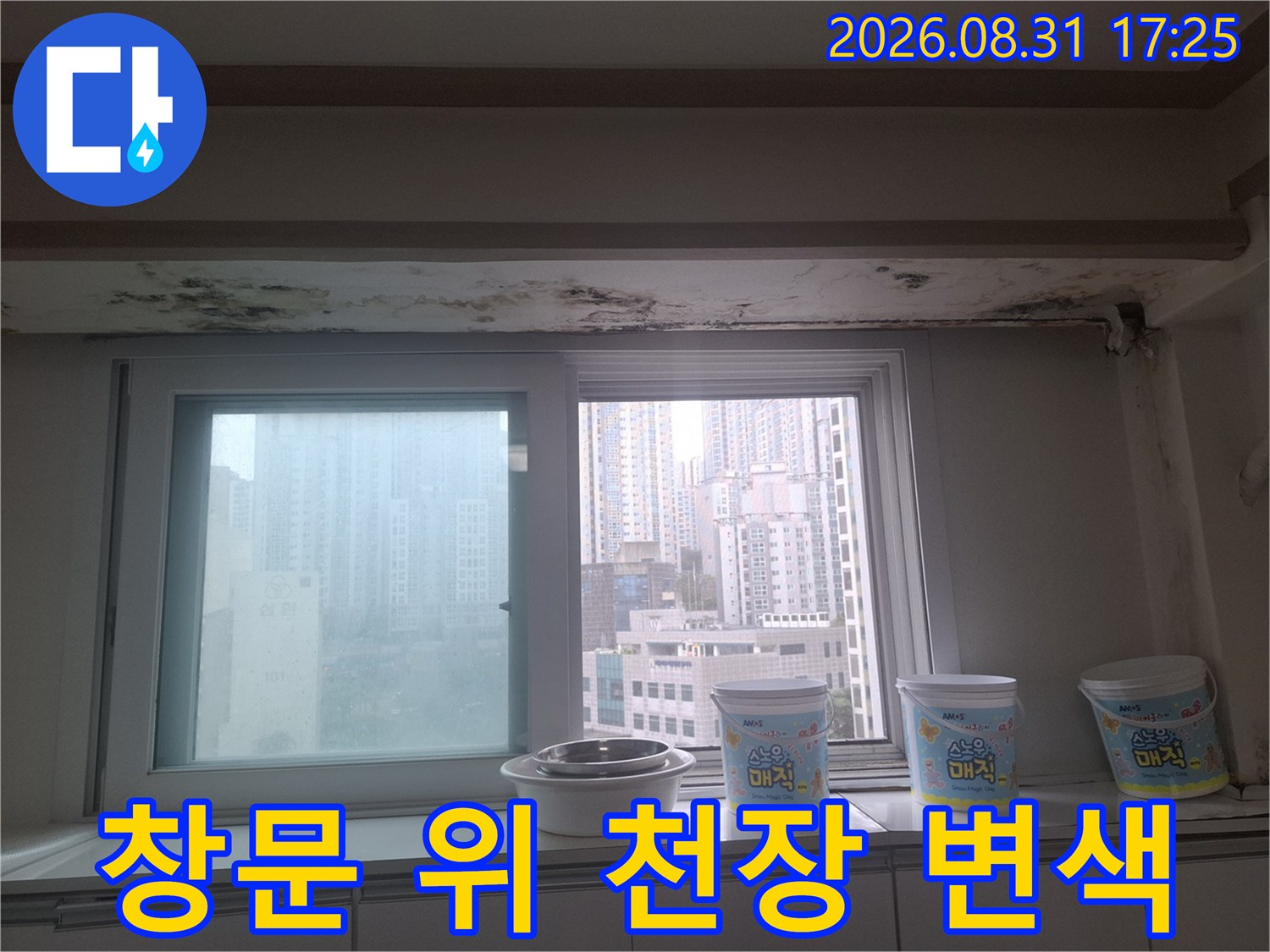 창틀 상단 천장-곰팡이와 물 얼룩이 심한 벽면 경계