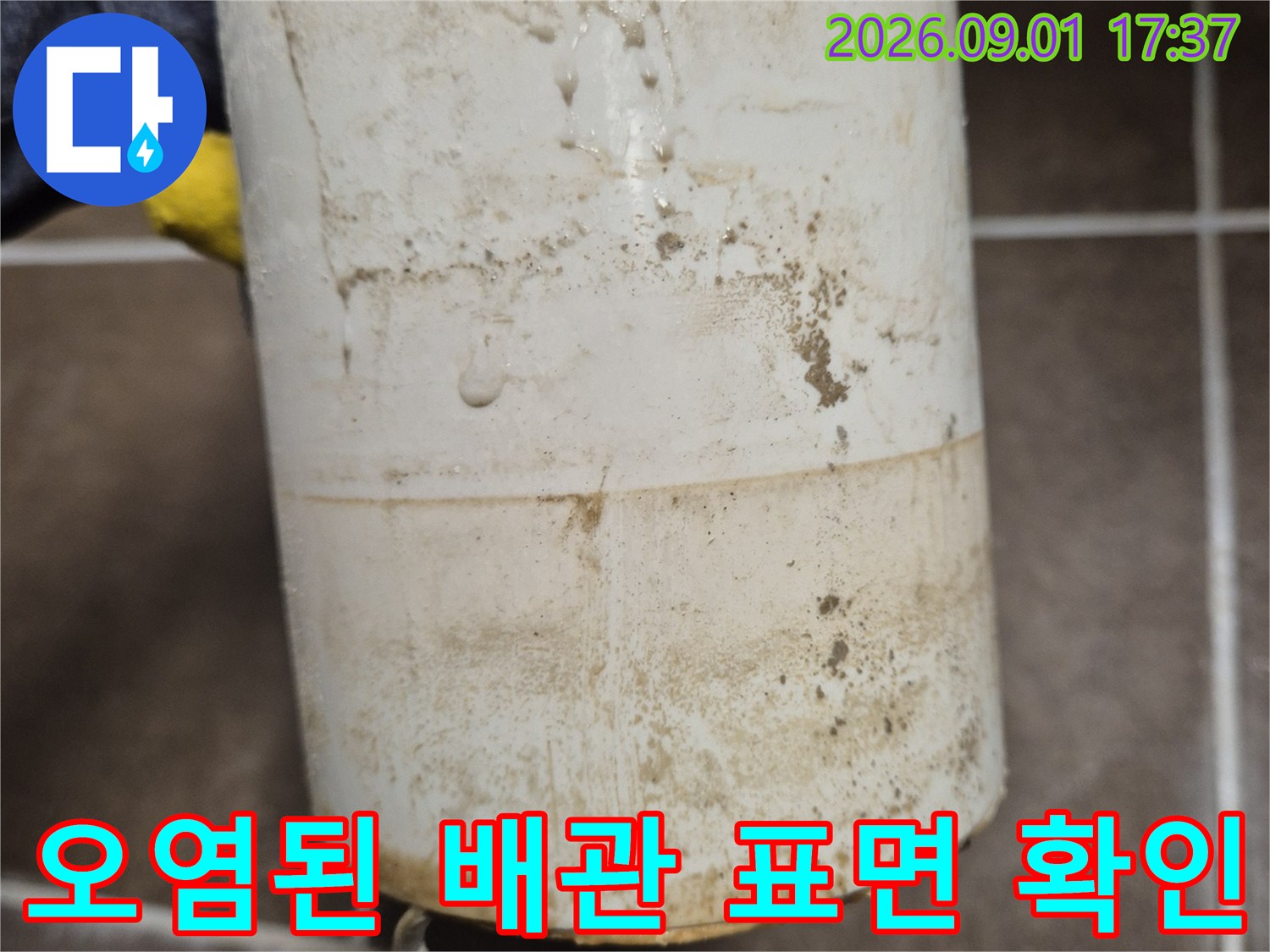 이물질과 얼룩으로-오염된 오수관 배관의 모습