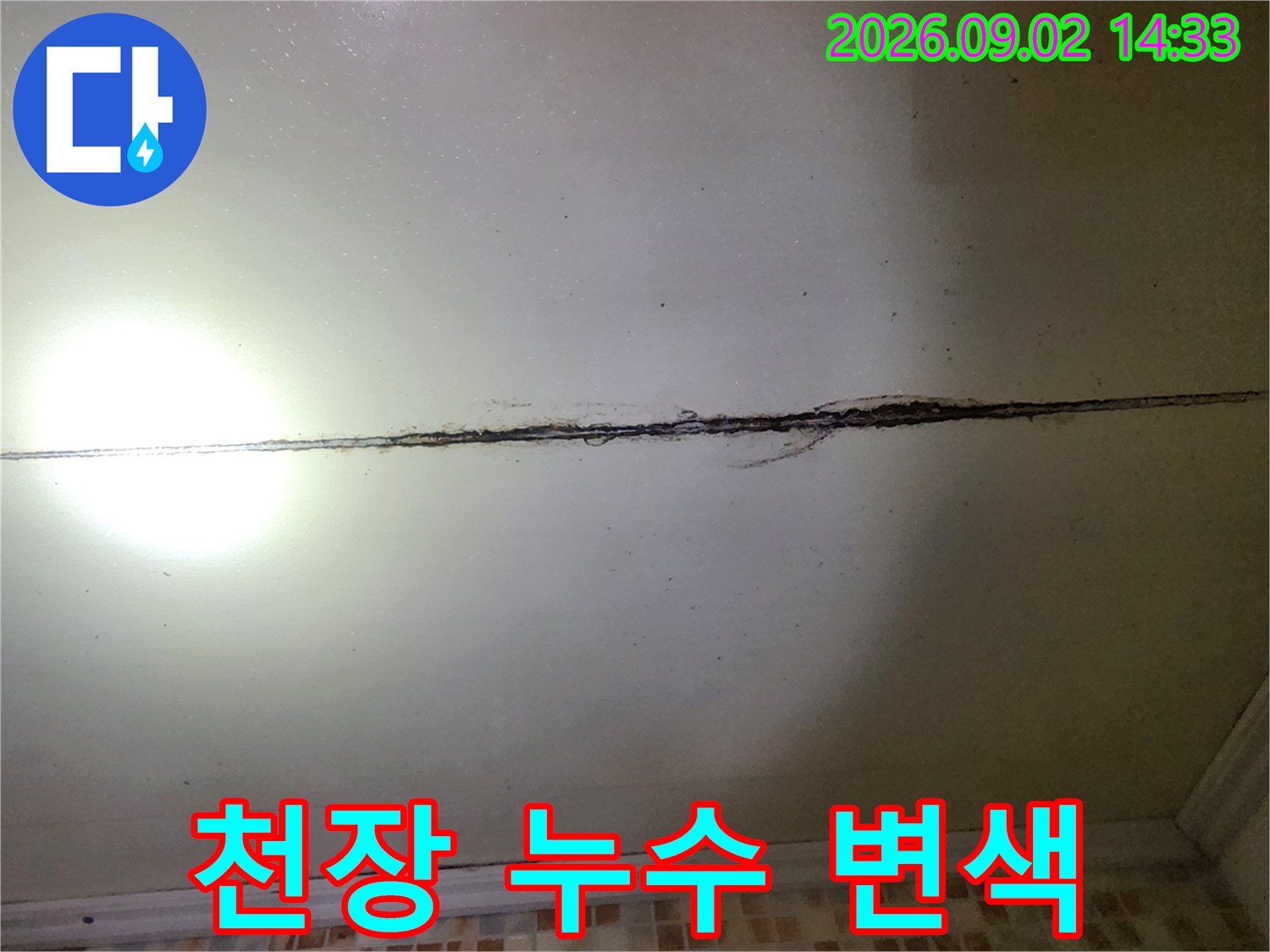 천장 중앙부의 길게 늘어진 어두운 색상의 누수 침투 흔적입니다.