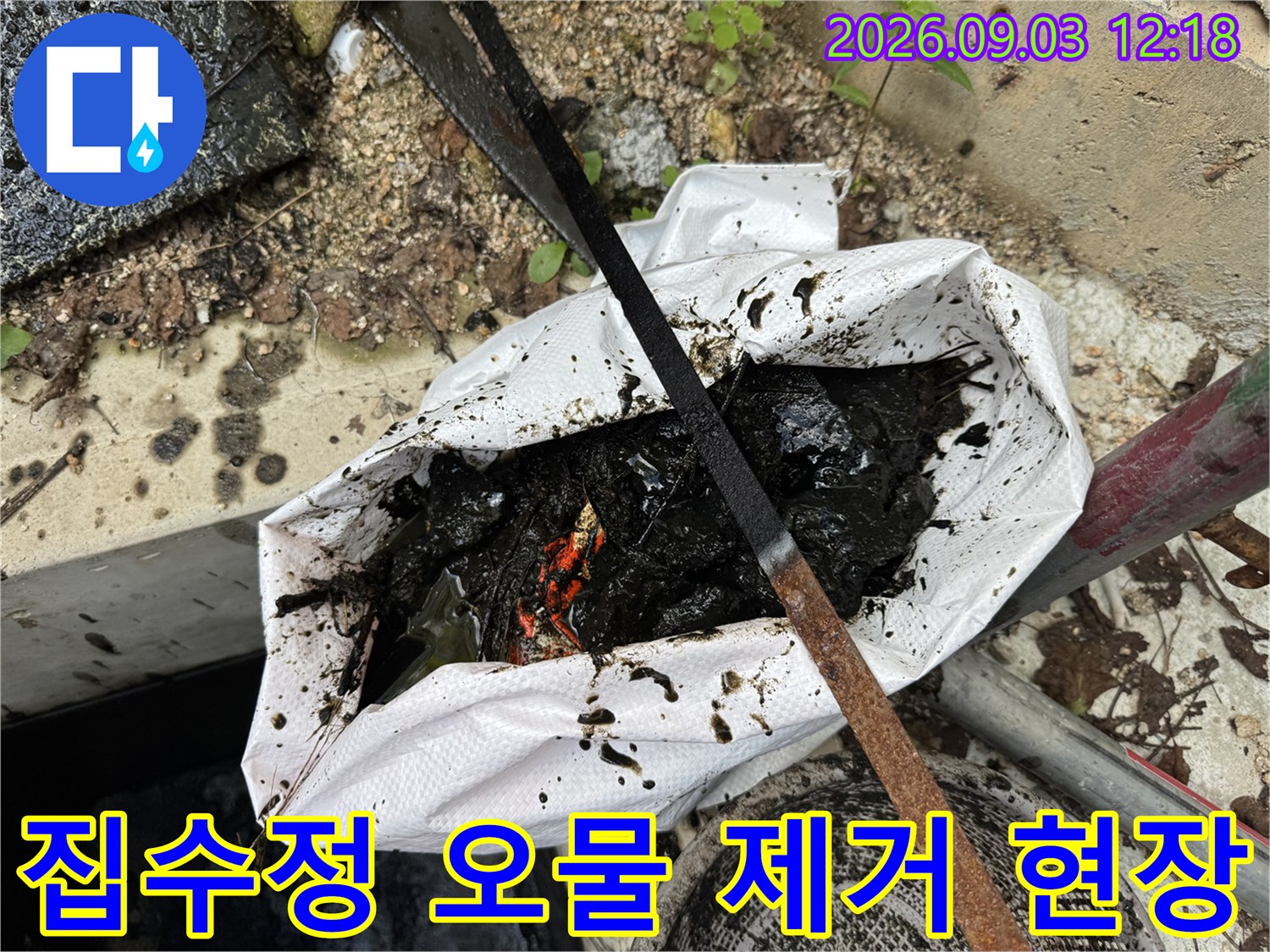 집수정 내부에서 흡입된 검은색 슬러지와 이물질 모습