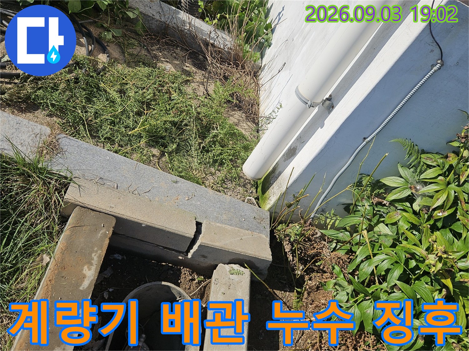 축축하게 젖은 계량기함 내부의 배관 연결 부위를 촬영했습니다.