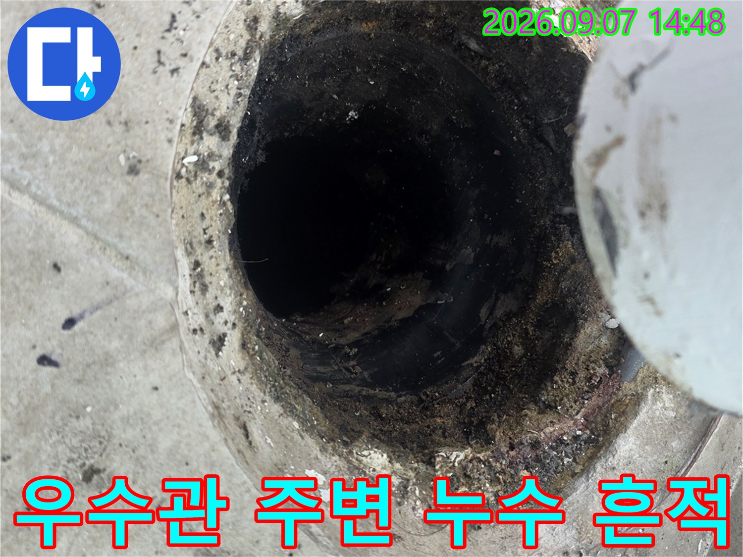 분당 수내동 아파트-우수관 하단부 배관 주변의 오염과 누수 흔적
