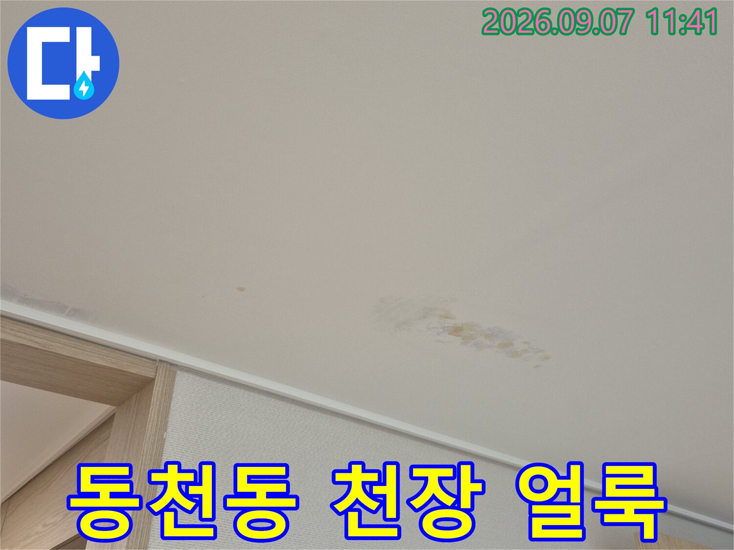 용인 수지구 동천동 아파트 천장에 발생한 누수 흔적과 얼룩 상태