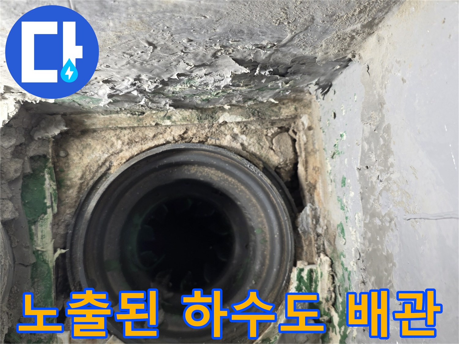 누수로-오염된-배수구-주변-배관-노출-사진