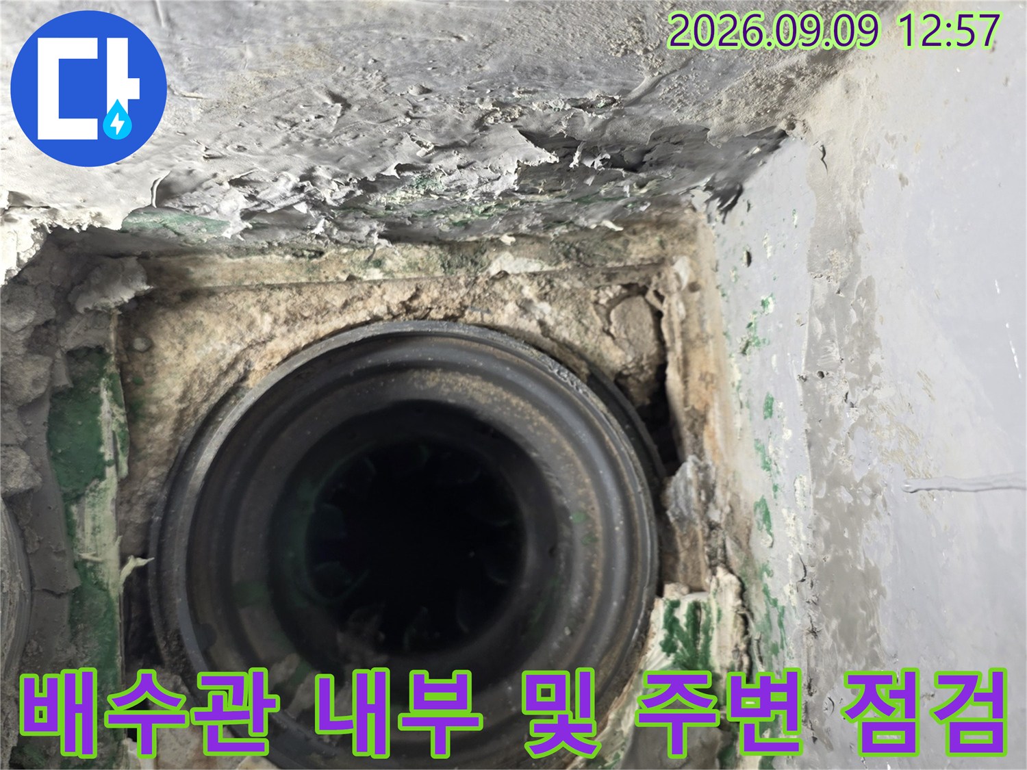 정밀하게 노출된 하수구 배관 연결 부위의 모습