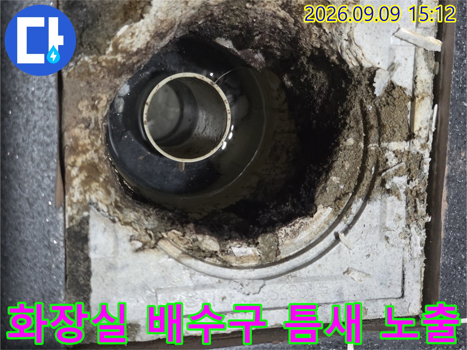 유가 제거 후 드러난 하수 배관과 주변의 파손된 방수층 모습입니다.