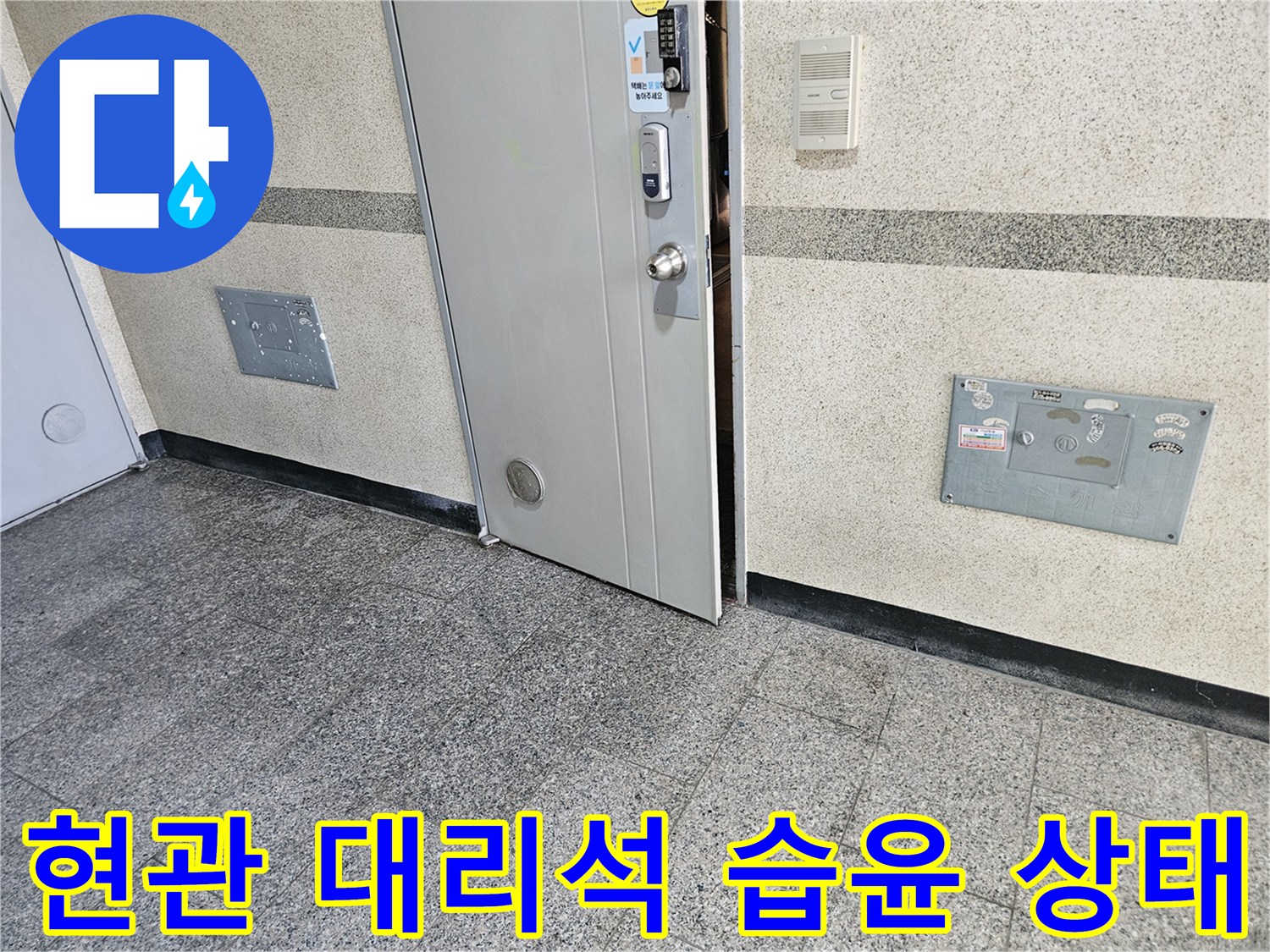 습기를 머금은 현관문 하단 문틀과 대감재 접합부 사진입니다.