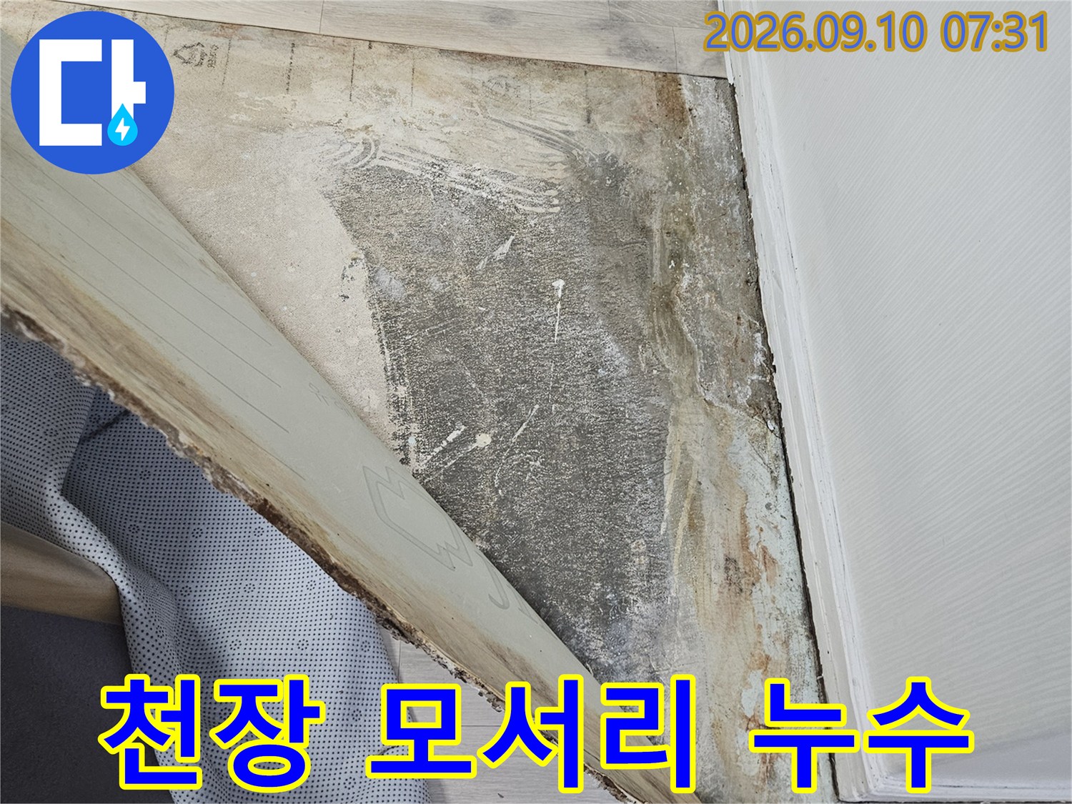 용인 수단 죽전동-천장과 벽면 경계의 누수 오염 부위
