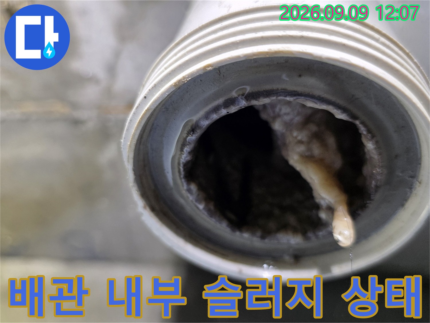 남양주 덕소리 현장-하수구 배관 내부에 가득 찬 이물질과 슬러지 모습