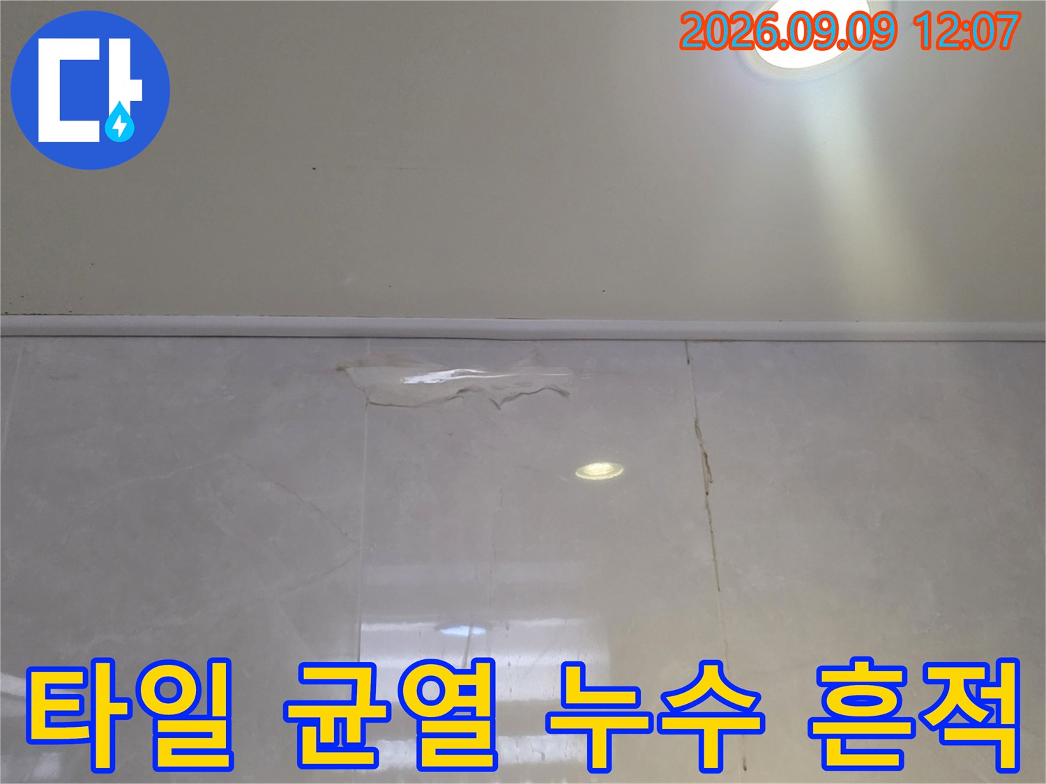 욕실 벽면 타일의 갈라진 틈과 상단부 습기 발생 부위