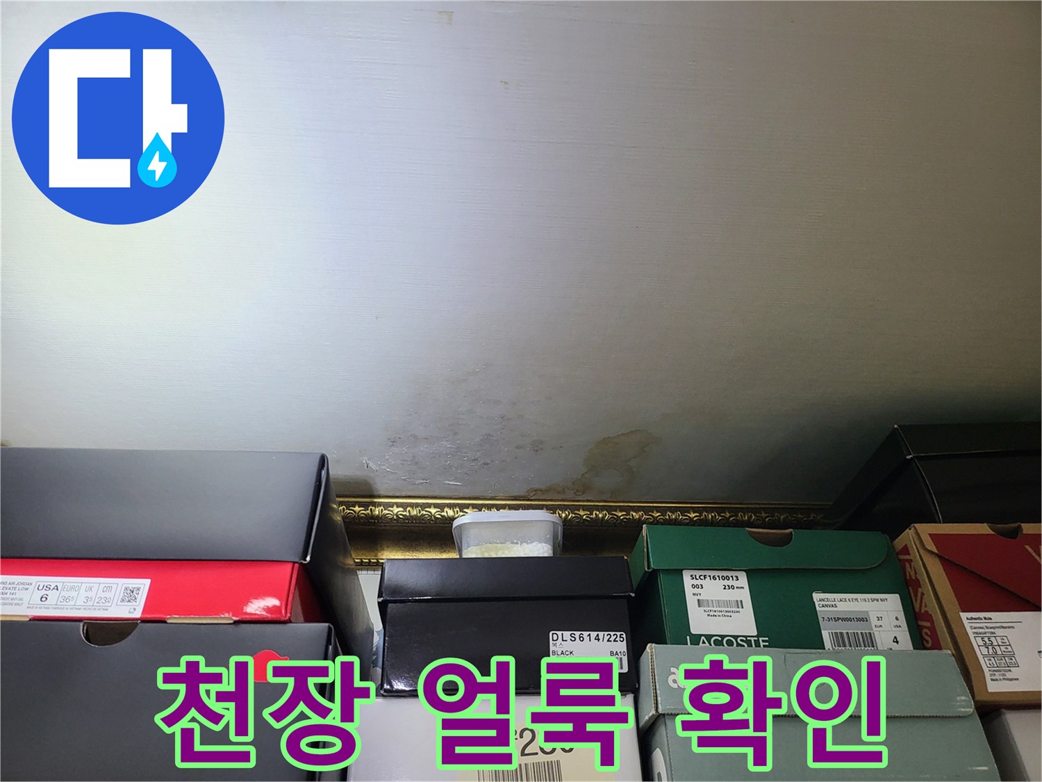 누수로 인해 젖어 있는 천장 벽지의 변색 부위