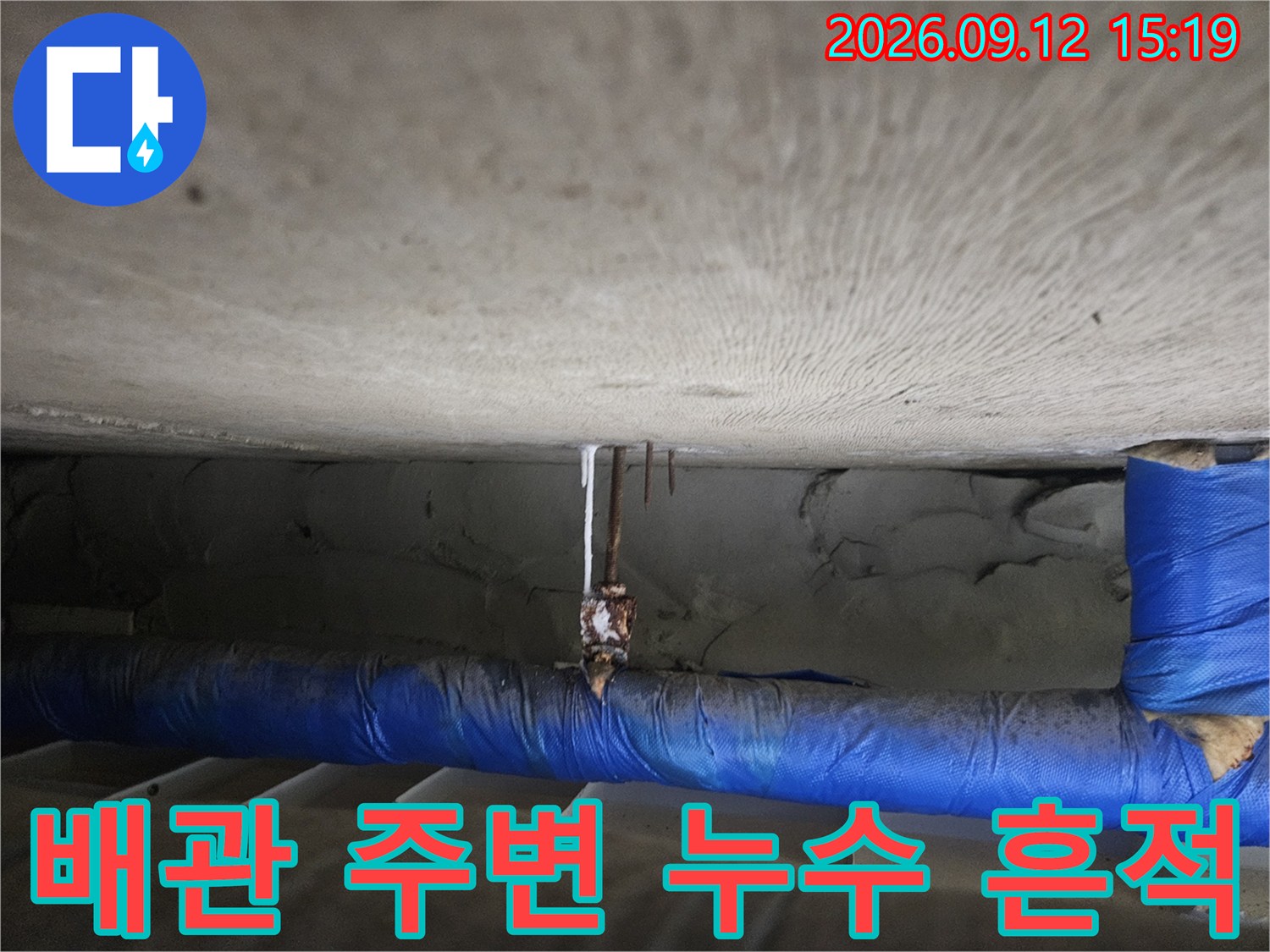 파란색 배관-천장 슬라브의 하얀 물자국 및 젖음 현상