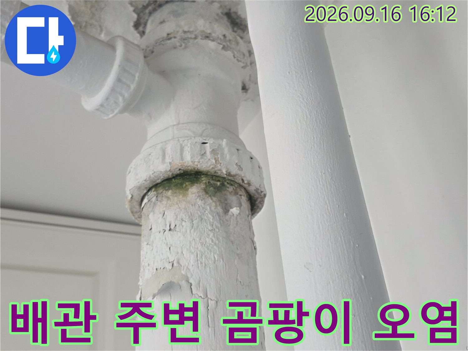 백색 배관 연결 부위-습기로 인해 발생한 곰팡이와 벽면 탈락 현상