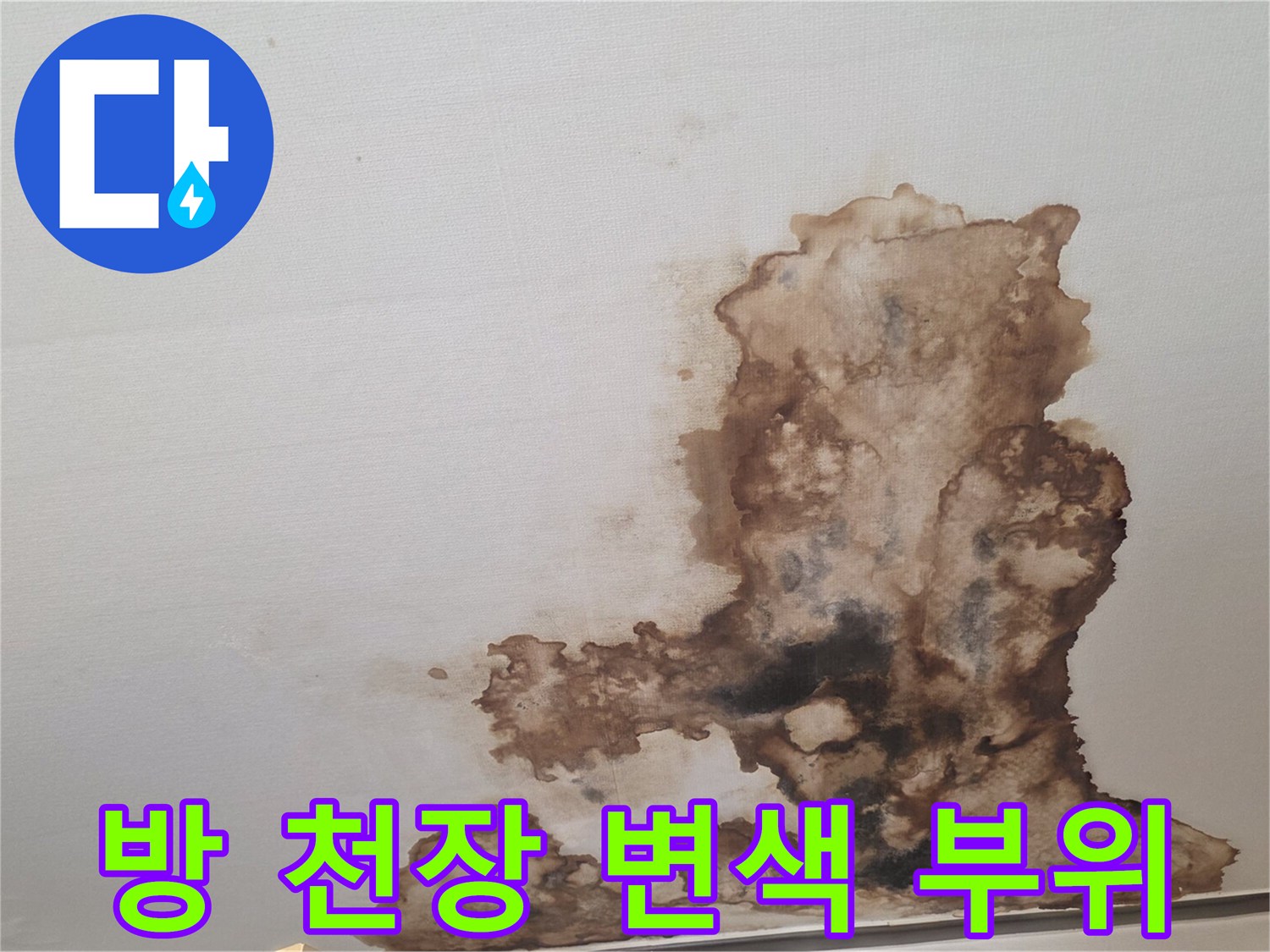 천장 벽면을 타고 번진 넓은 범위의 누수 오염 흔적