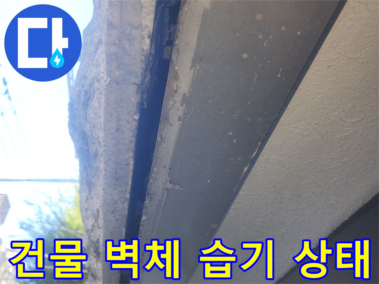 건물 내부 벽면-습기로 인해 젖어 있는 부위의 모습