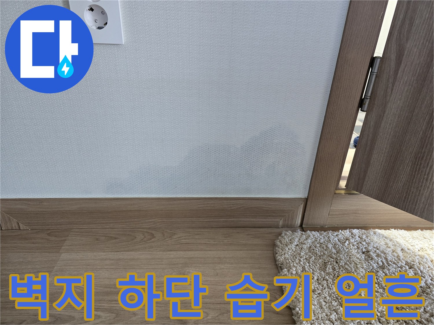 물기가 스며들어 어둡게 변한 벽지 하단 영역