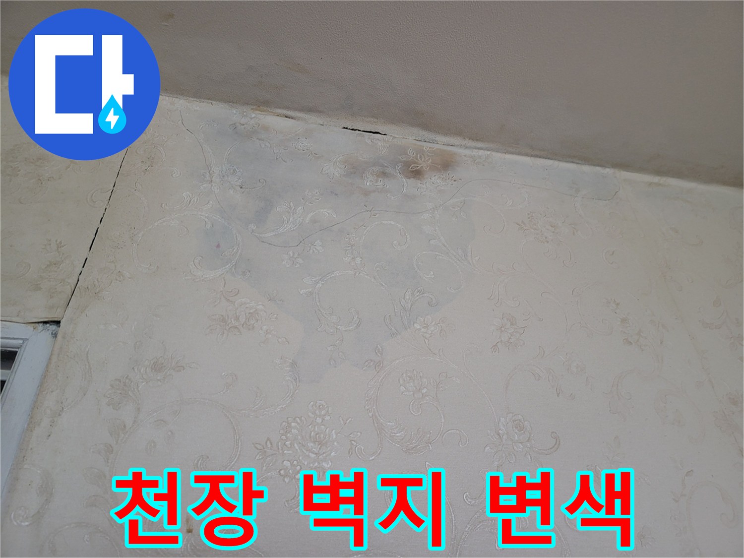 물기에 의해 색이 변한 천장 벽지 상세 사진