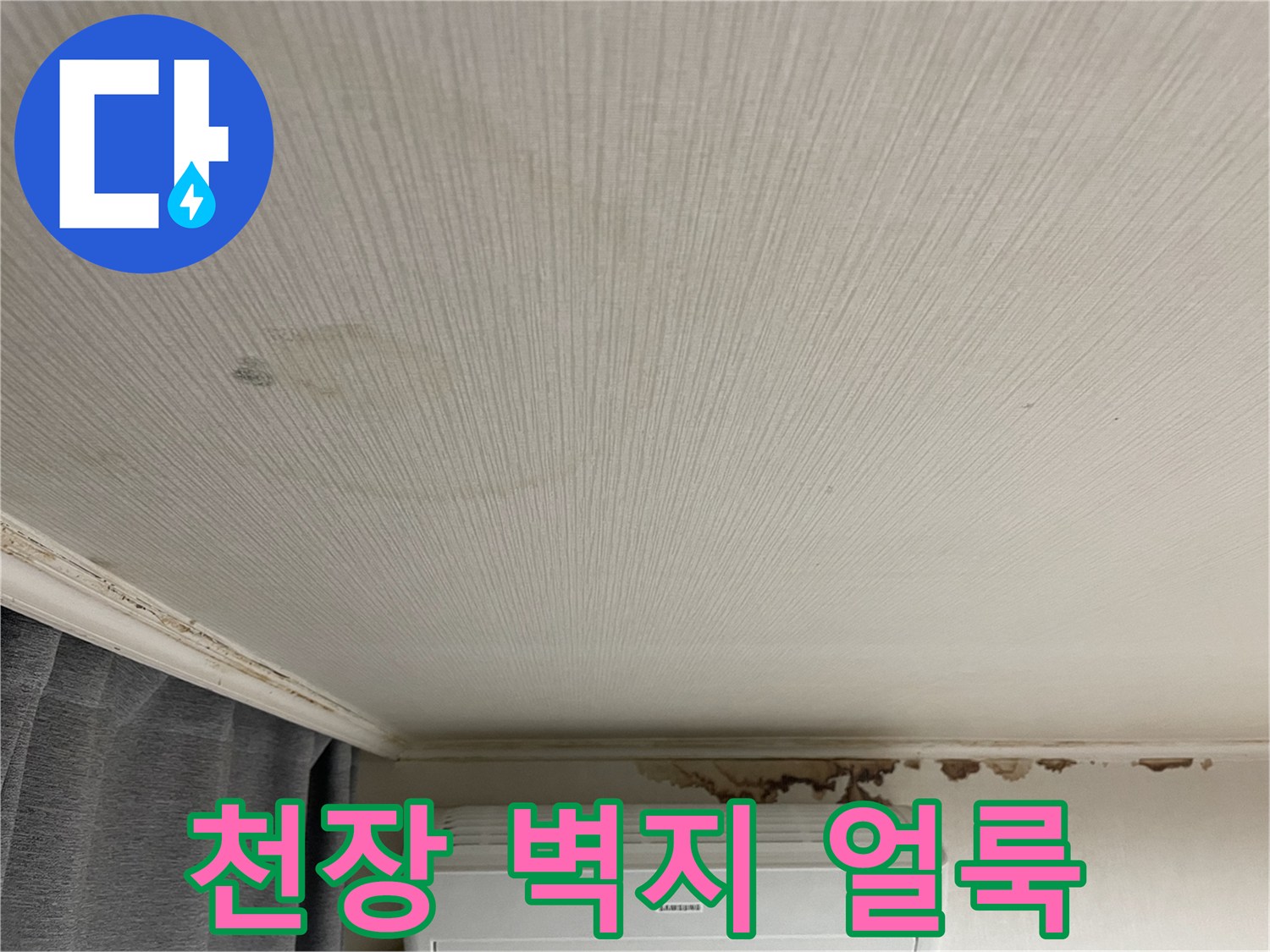 강서구 등촌동 거실 천장 벽지에 나타난 젖음 흔적과 변색 부위