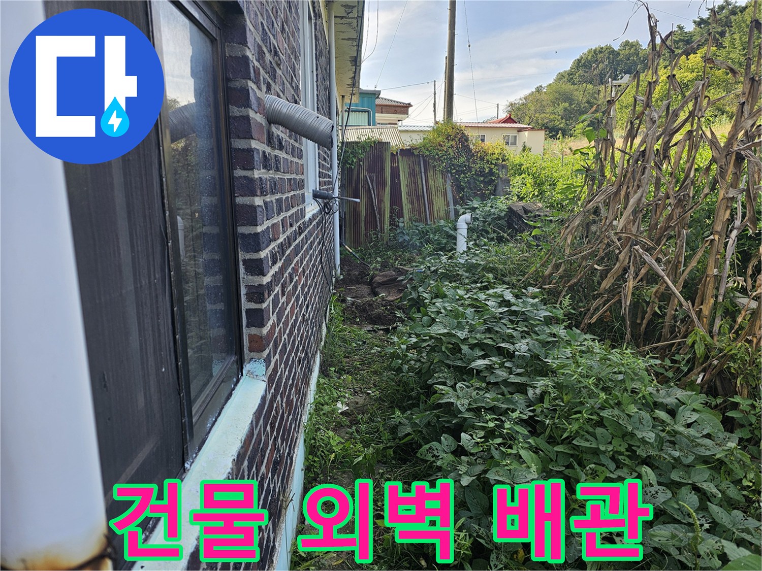 붉은 벽돌 건물 외벽에 연결된 배관과 주변 풀숲 모습